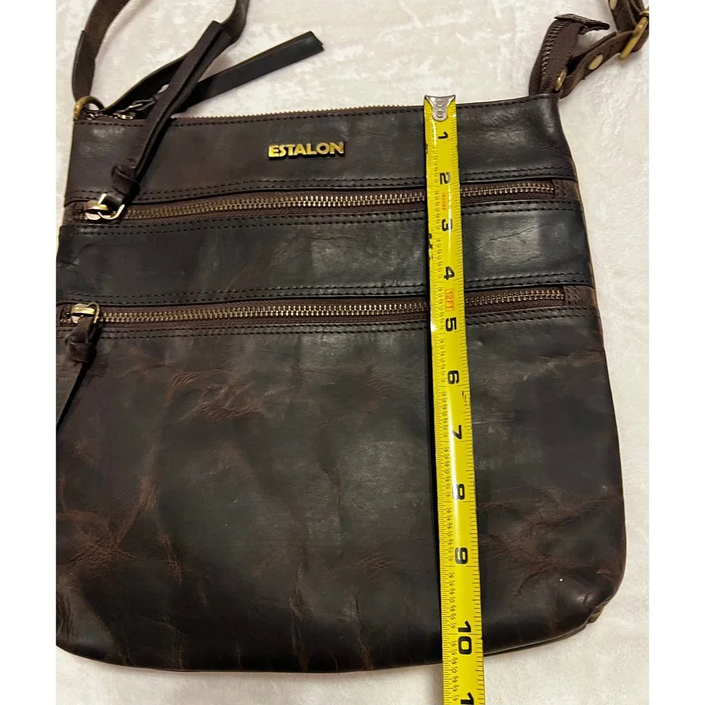 ESTALON Dark Brown Genuine Leather Crossbody Zip Front Pockets Adjustable Strap‎